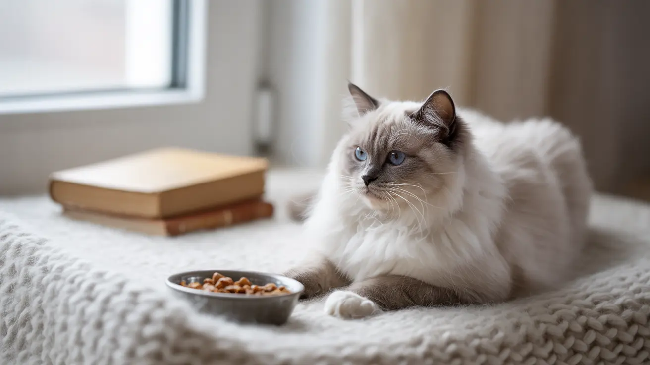 Um sereno gato Ragdoll descansando sobre um cobertor branco texturizado próximo a uma janela, com uma tigela de comida e livros por perto.