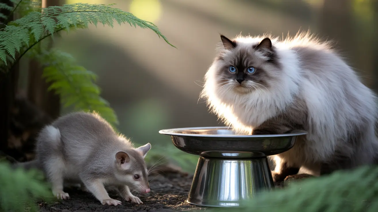 A Ragdoll cat and a small rodent near a metal feeding bowl in a fern-filled setting