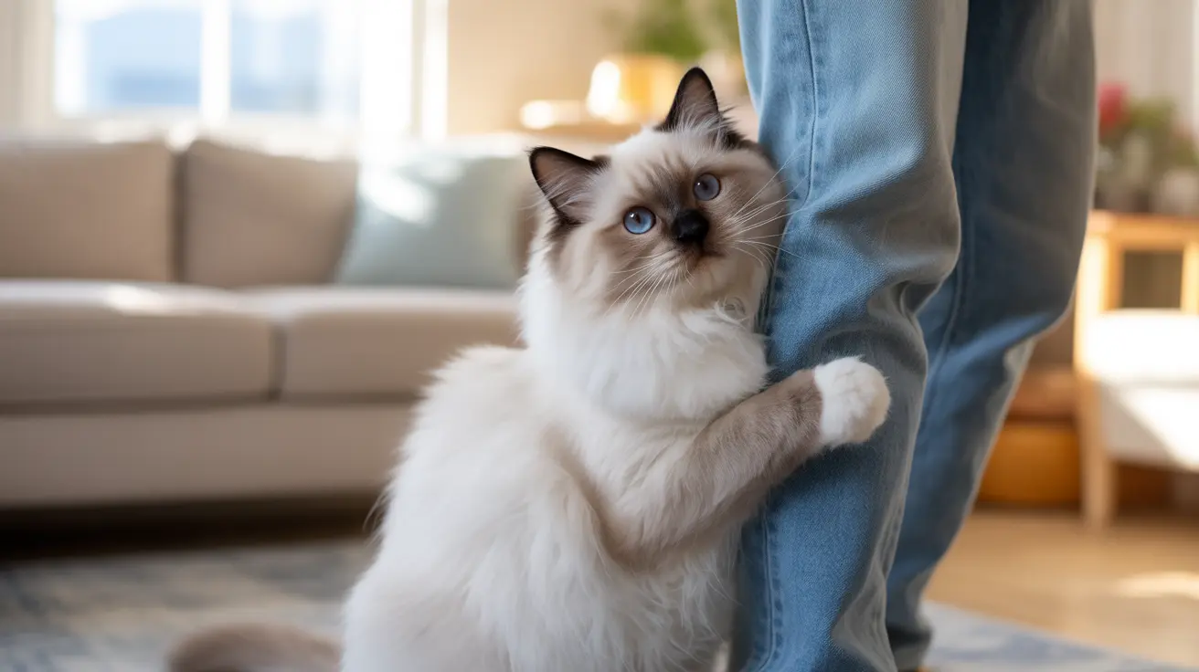 A fluffy white and gray Ragdoll cat clinging to a person's jean-clad leg in a bright, cozy living room