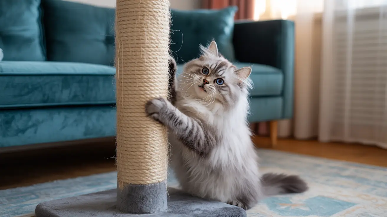 A fluffy white and gray Ragdoll cat scratching a sisal-wrapped cat scratching post in a living room