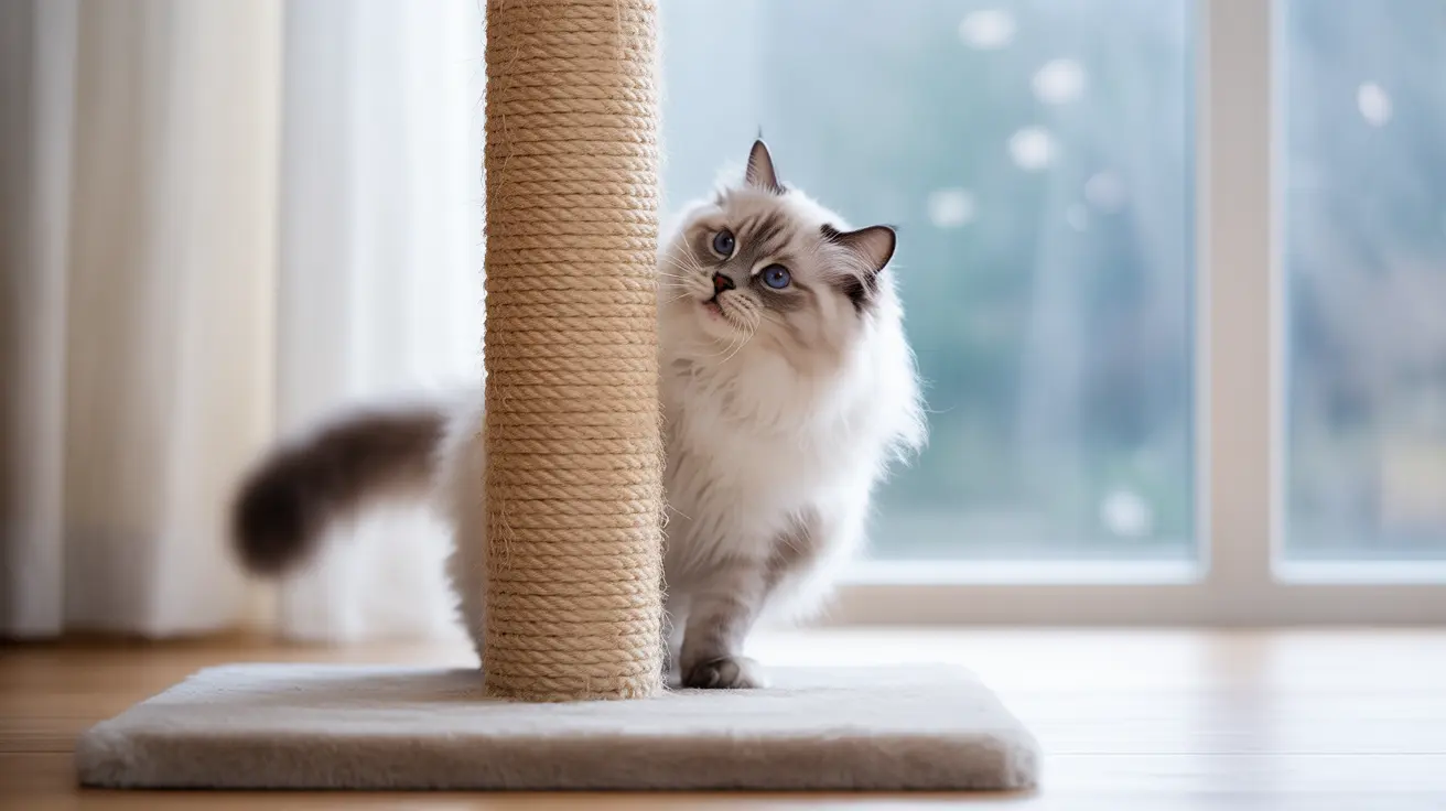 Fluffy white and gray Ragdoll cat sitting next to a rope-wrapped scratching post near a window