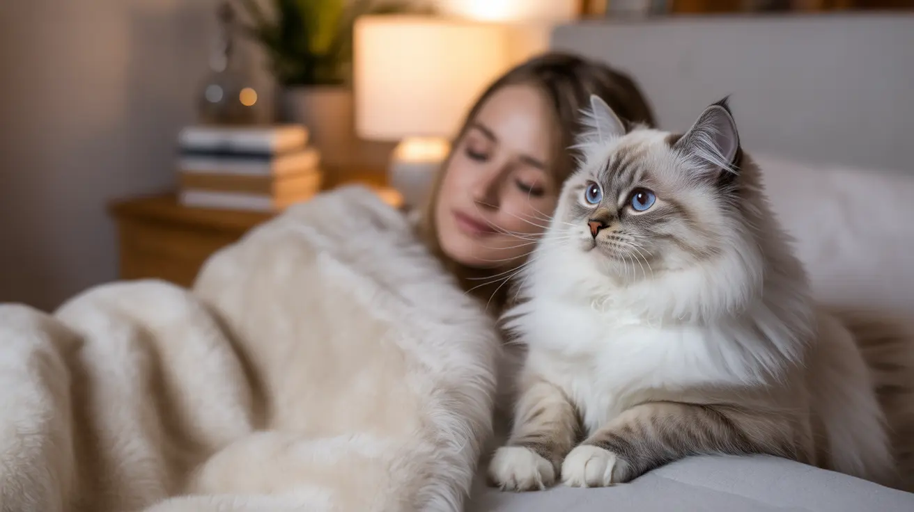 Un chat Ragdoll blanc et gris duveteux assis alertement à côté d'une personne se reposant sur un lit ou un canapé confortable