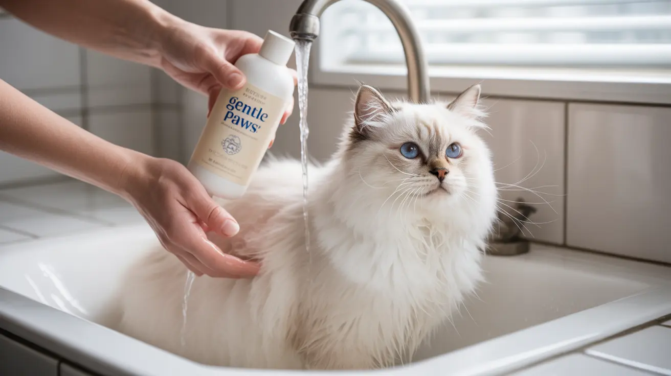 A fluffy white Ragdoll cat sitting in a sink while someone prepares to bathe it with Gentle Paws pet shampoo