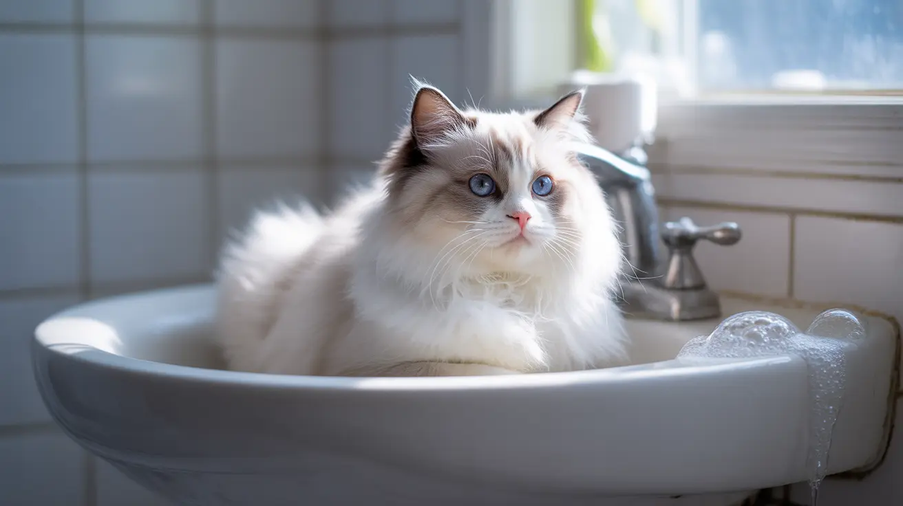 A fluffy white and cream Ragdoll cat sitting in a sink with bubbles, looking at the camera with blue eyes