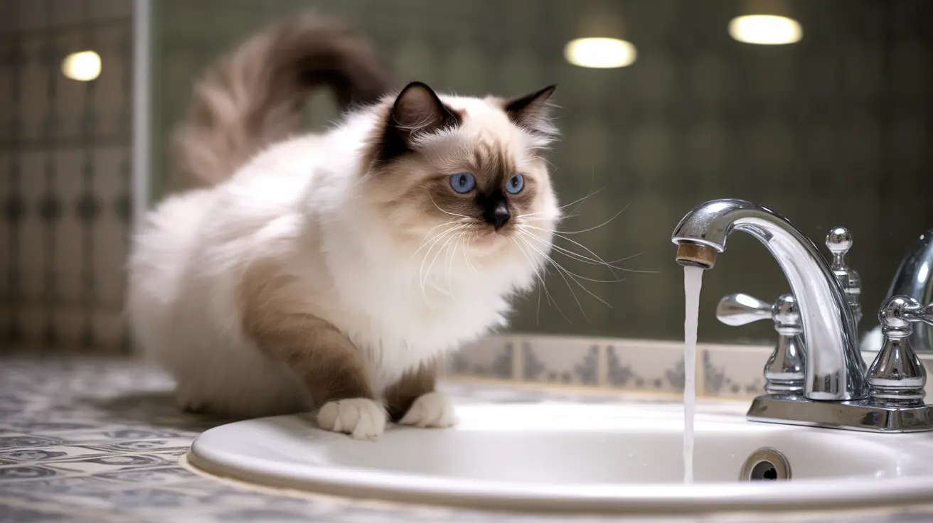 A fluffy white and cream Ragdoll cat sitting on a bathroom sink near a running faucet