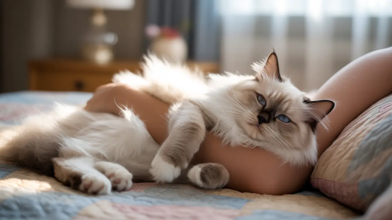 A fluffy white and cream Ragdoll cat lounging comfortably against a person's arm on a soft bed or couch