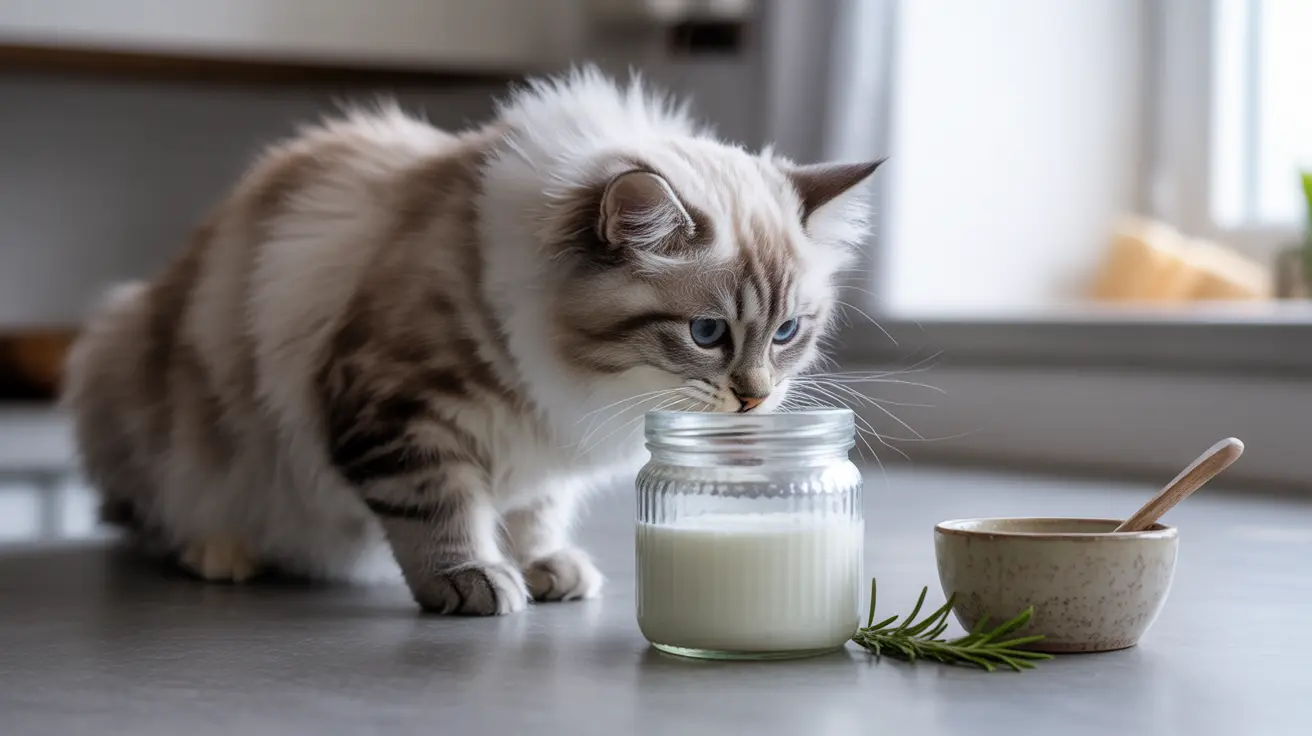 A fluffy Ragdoll cat sniffing a glass jar of milk in a minimalist kitchen setting