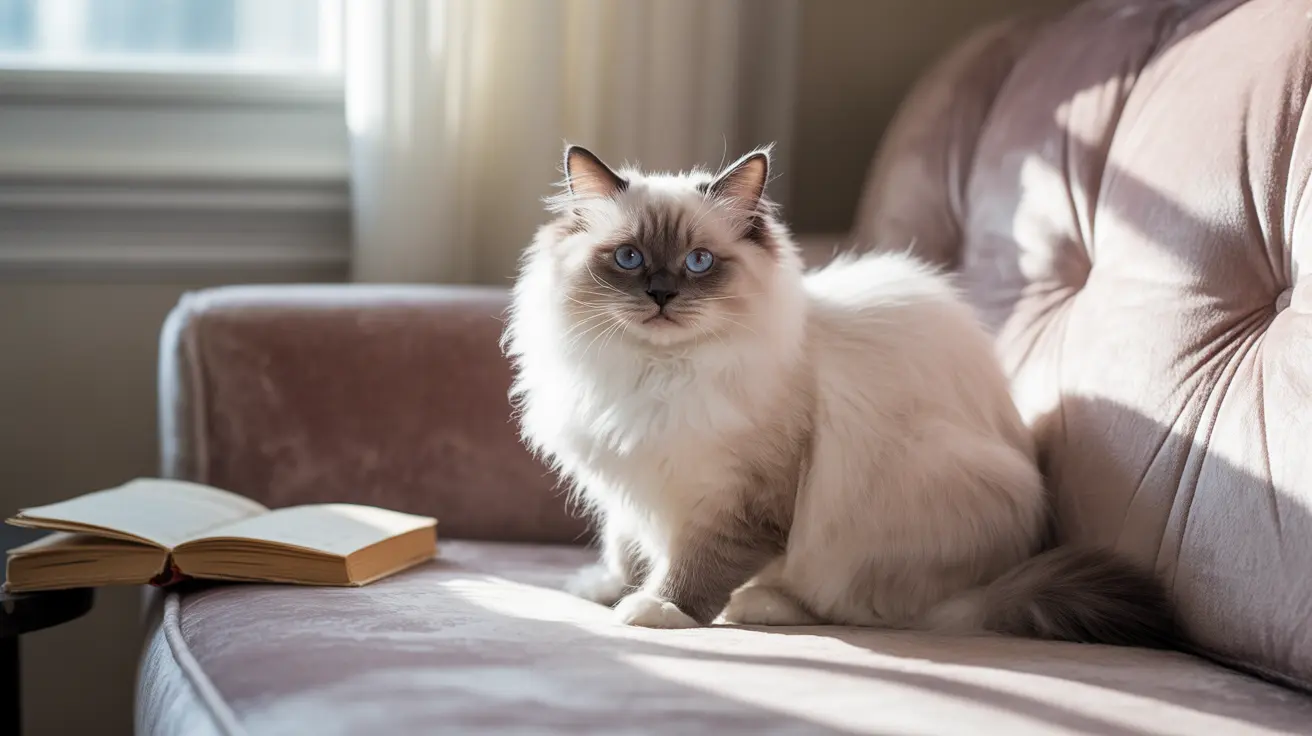A beautiful Ragdoll cat sitting elegantly on a light-colored sofa with an open book nearby
