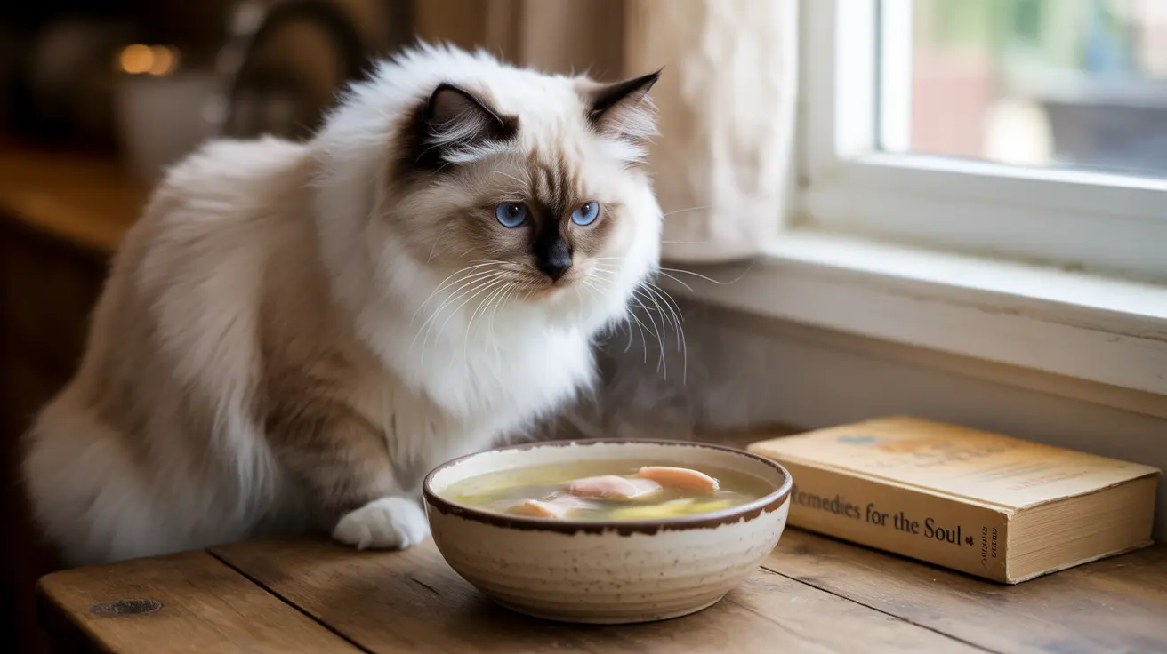 A fluffy white and cream Ragdoll cat sitting near a bowl of soup and a book by a window