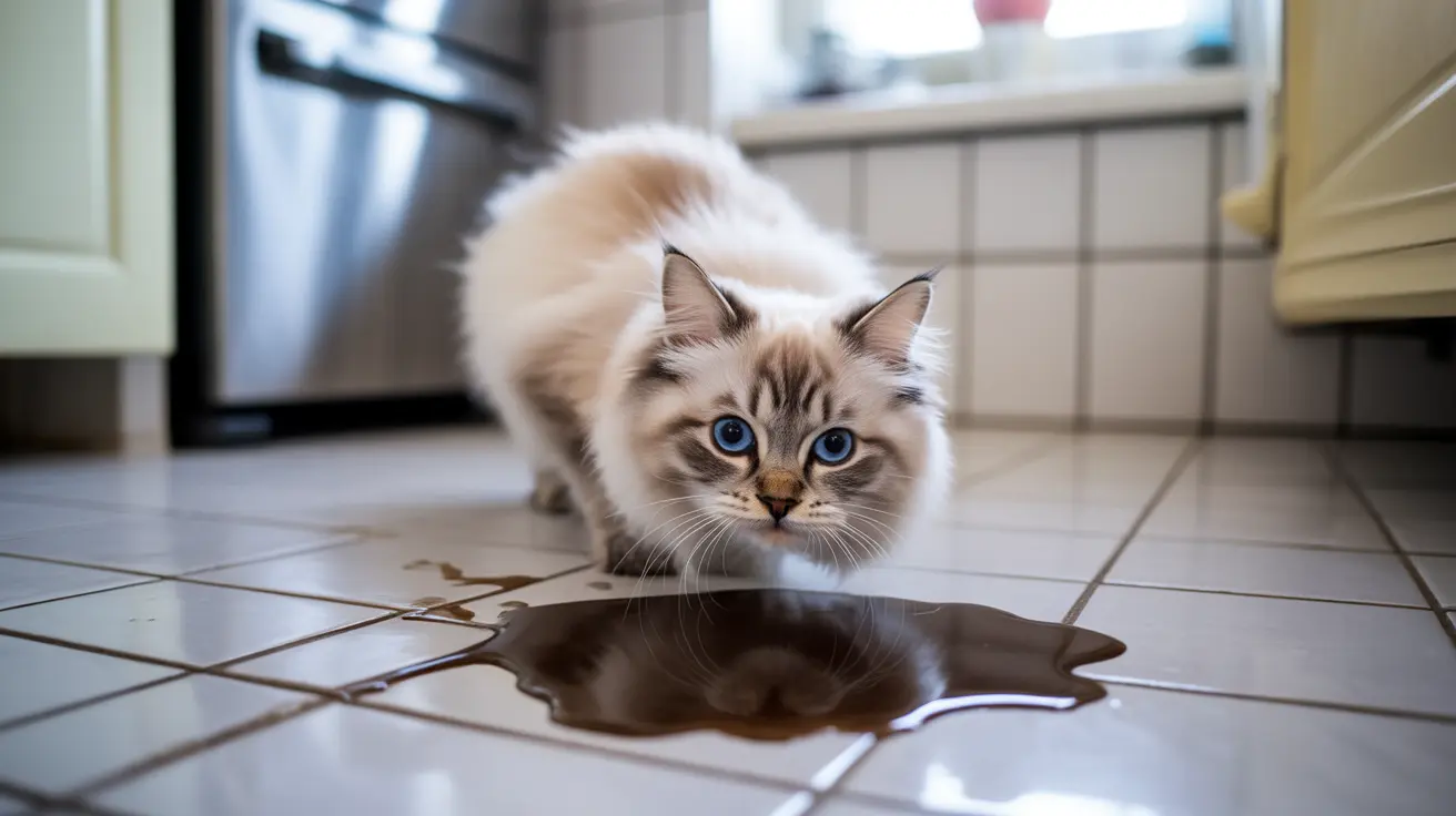 A fluffy Ragdoll cat sitting next to a puddle of spilled liquid on a tiled kitchen floor