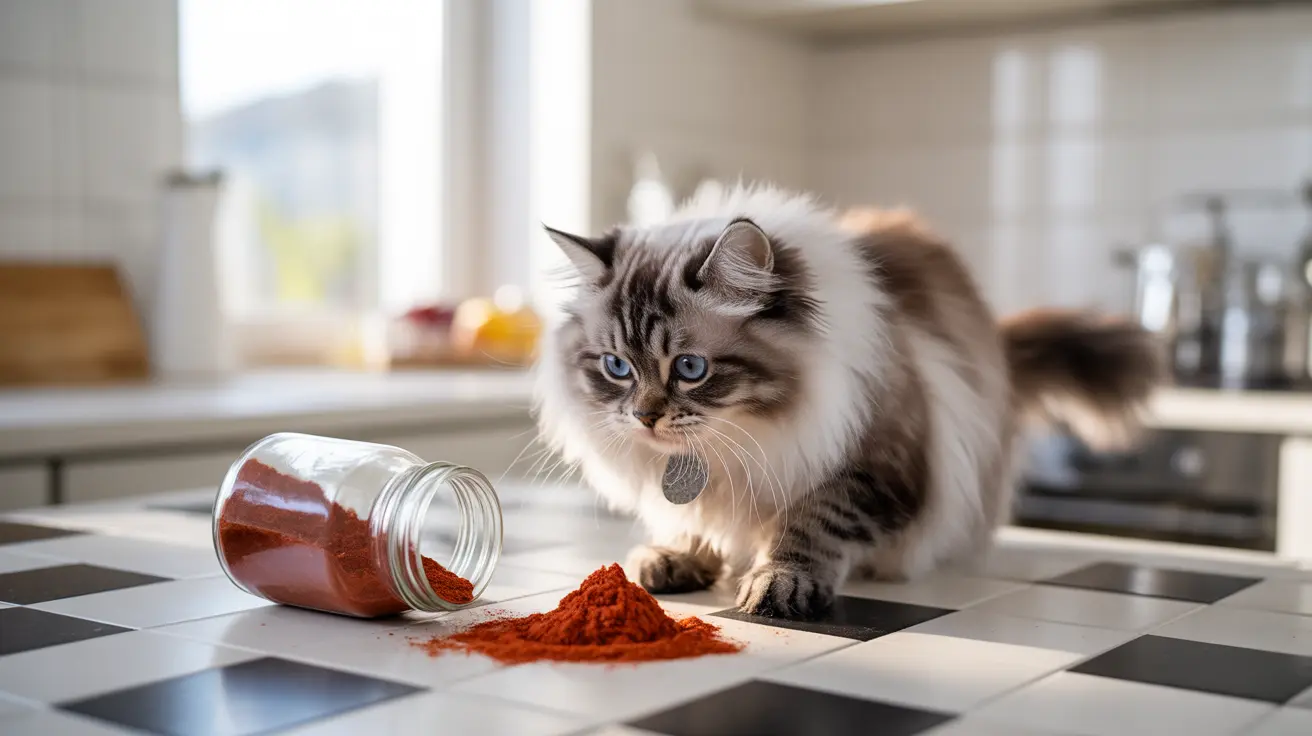 A fluffy Ragdoll cat sitting next to a knocked-over jar of red spice on a black and white checkered kitchen floor.