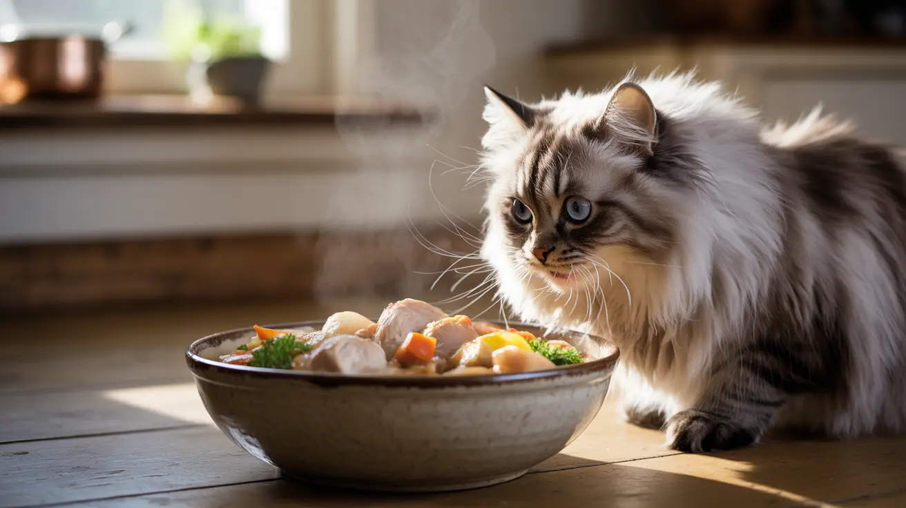 A fluffy Ragdoll cat sitting next to a steaming bowl of food with an intense gaze