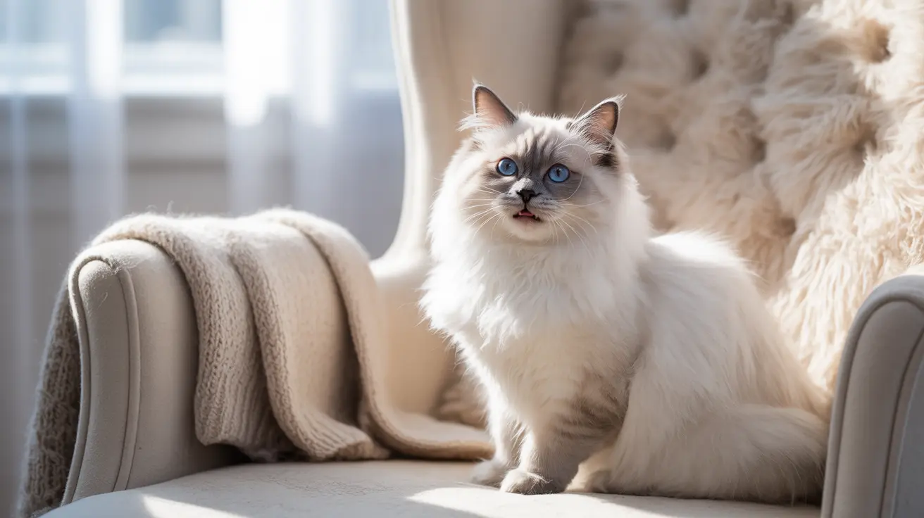 明るい窓際のソファの上に、純白で鮮やかな青い目を持つ美しいラグドール猫が優雅に座っている様子