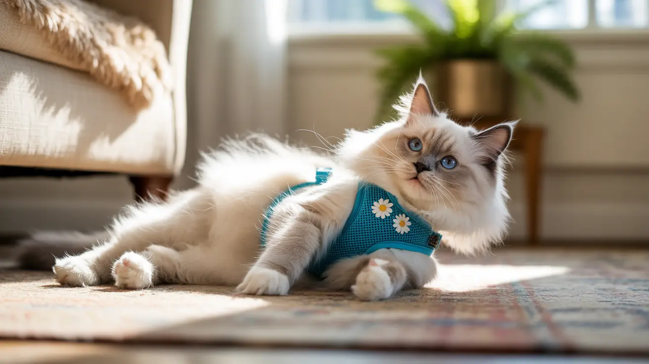 Fluffy white and cream Ragdoll cat wearing teal blue harness with daisy decorations lounging on patterned rug near sunny window
