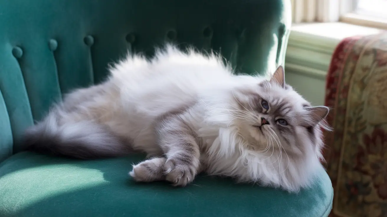ふわふわしたラグドール猫が窓際のティールベルベットの椅子で穏やかにくつろいでいる様子