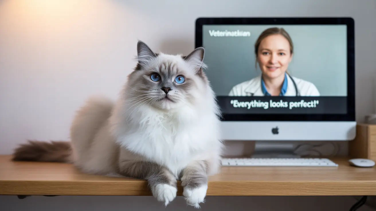 A fluffy white and gray Ragdoll cat on a desk next to an iMac with a telehealth vet consultation