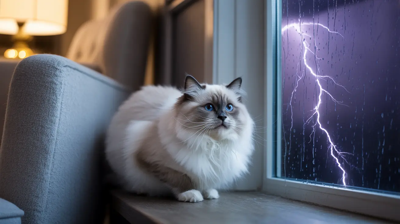 A fluffy white Ragdoll cat sitting on a windowsill during a thunderstorm with a lightning bolt visible outside