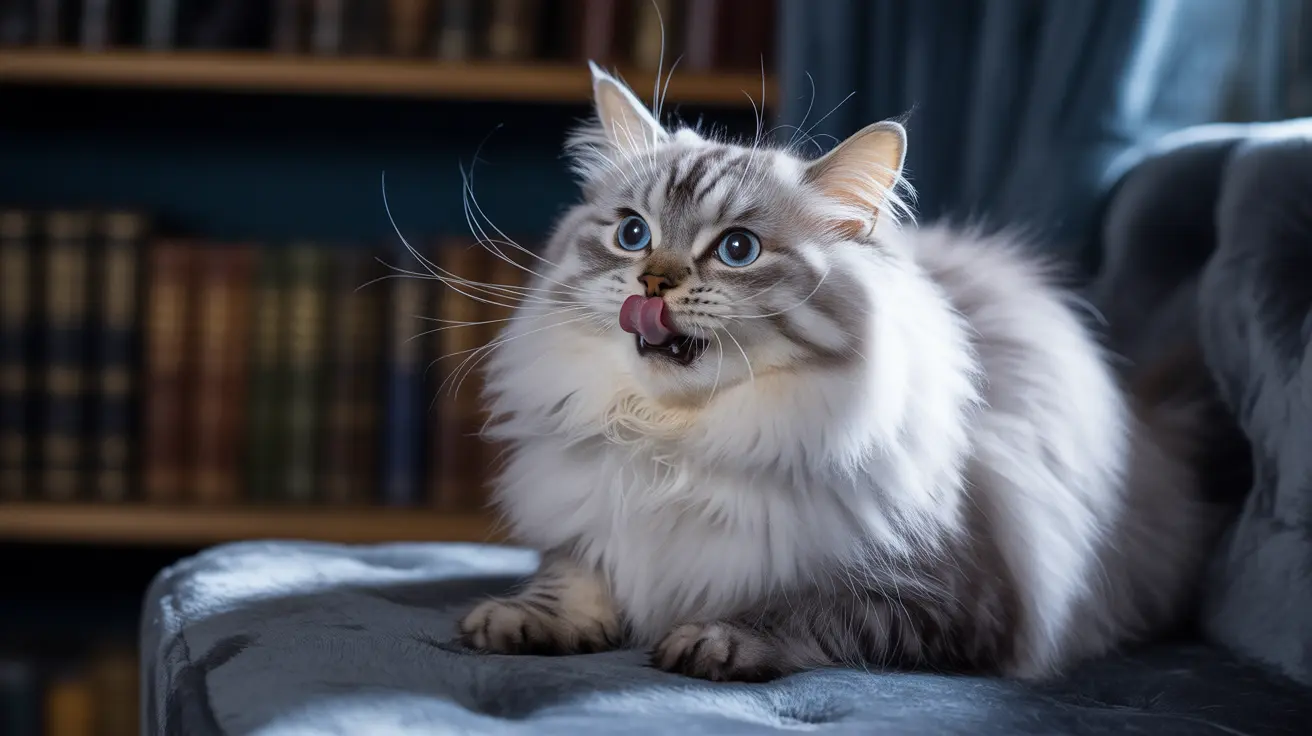A fluffy white and gray Ragdoll cat sitting on a gray chair, playfully sticking out its tongue