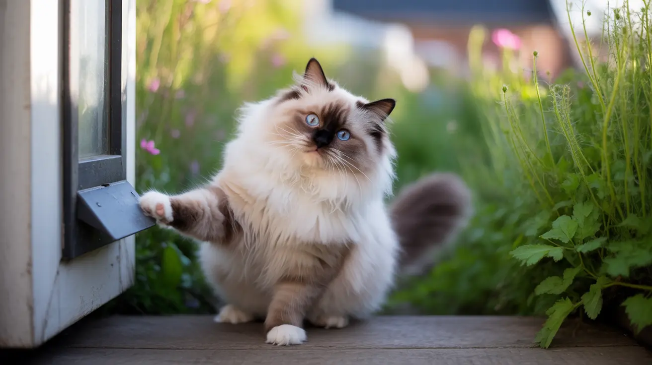 Fluffy Ragdoll cat with blue eyes reaching paw to touch white door handle on wooden deck
