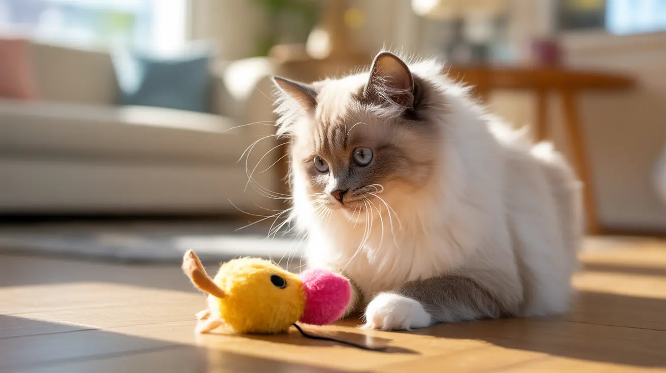 Fluffy white and gray Ragdoll cat sitting beside a yellow and pink toy mouse on a sunlit wooden floor