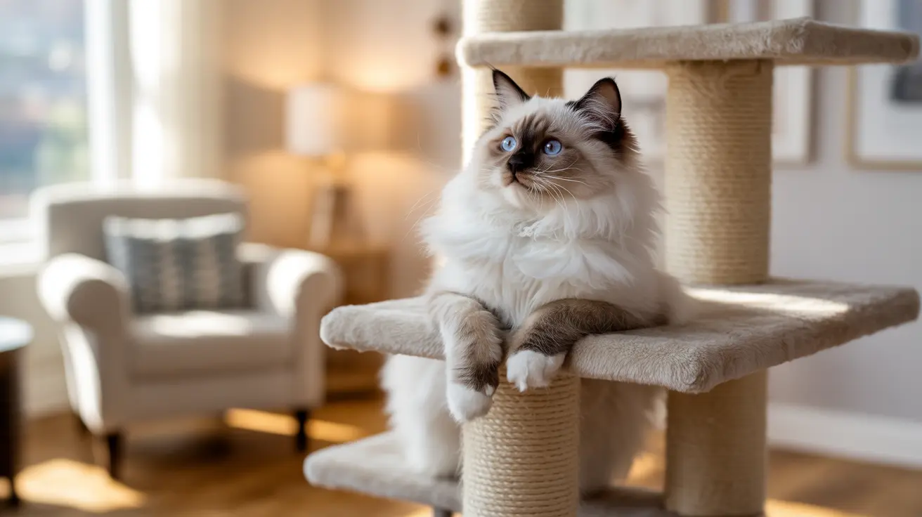 A beautiful Ragdoll cat sitting regally on a beige cat tree near a window