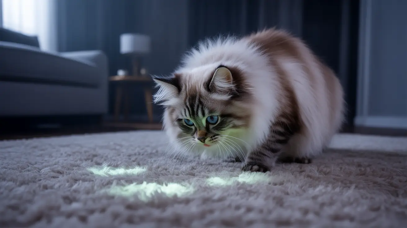 A fluffy Ragdoll cat sitting on a carpet with glowing green light patterns around it