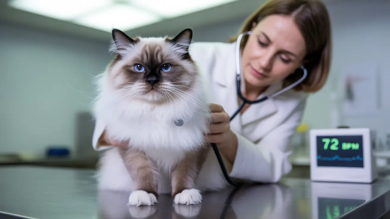 A fluffy Ragdoll cat receiving a veterinary examination with a stethoscope