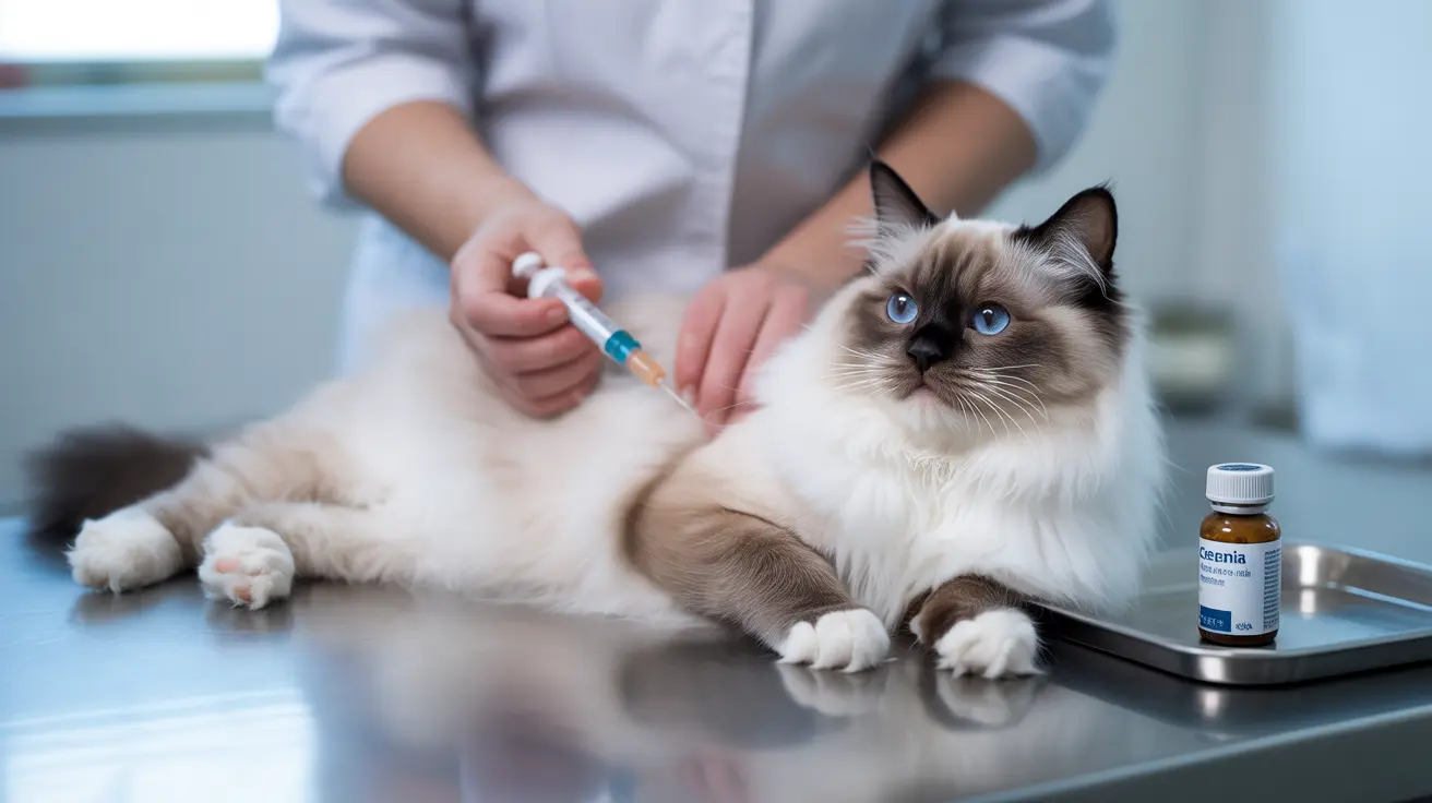 A Ragdoll cat receiving a medical injection at a veterinary clinic
