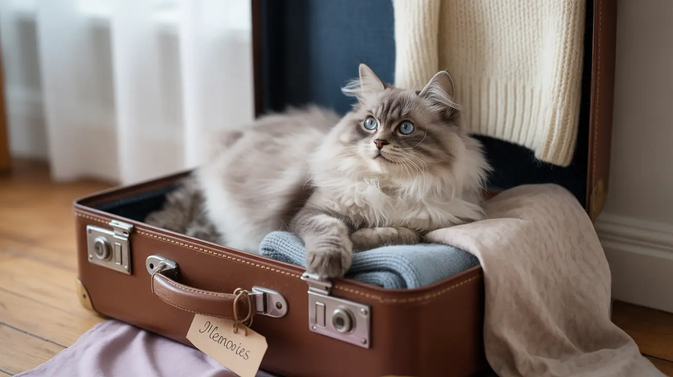 A fluffy Ragdoll cat sitting inside an open vintage brown leather suitcase with a 'Memories' tag