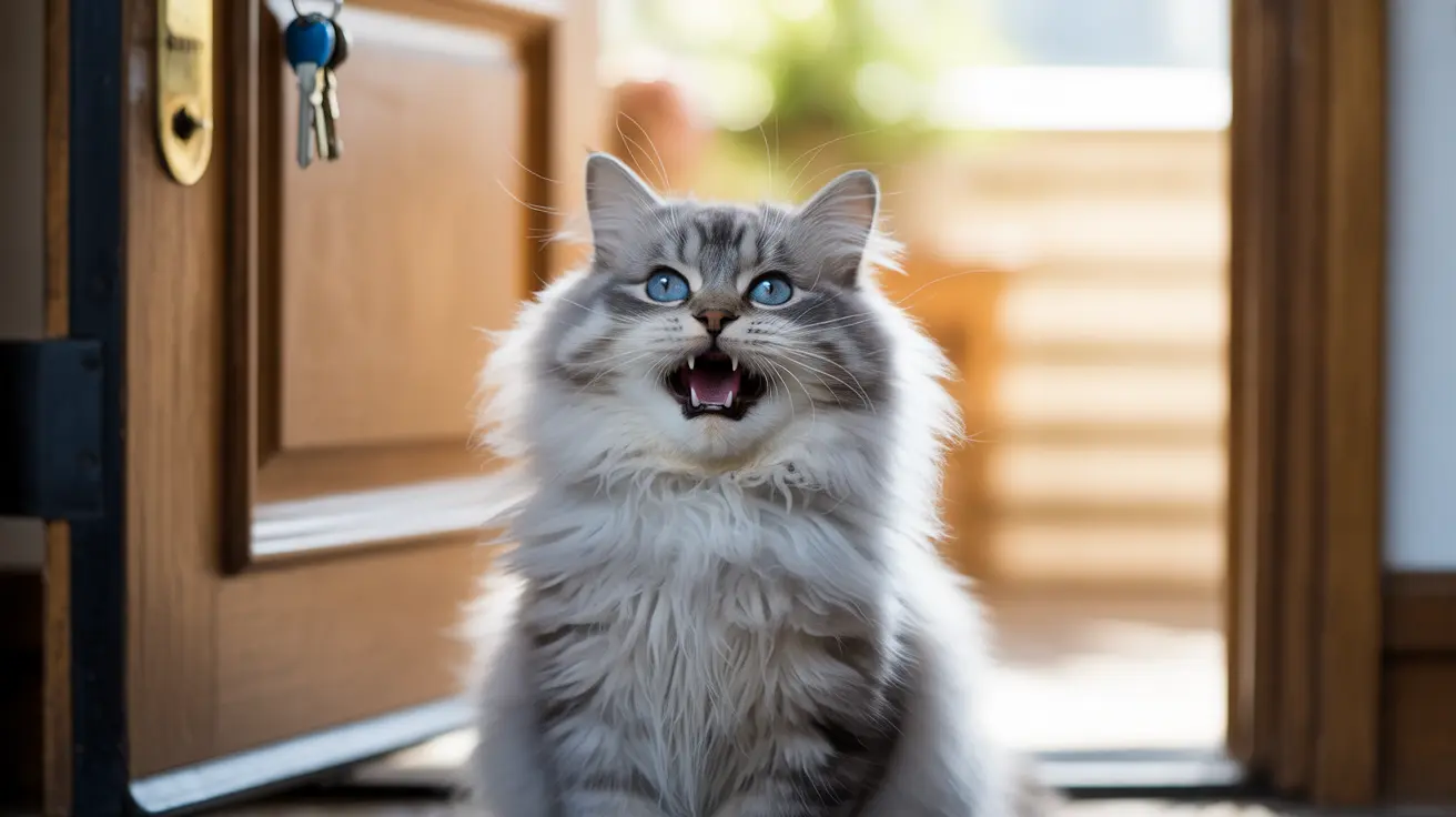 A fluffy gray and white Ragdoll cat with striking blue eyes sitting near a door, mouth open in a vocal expression
