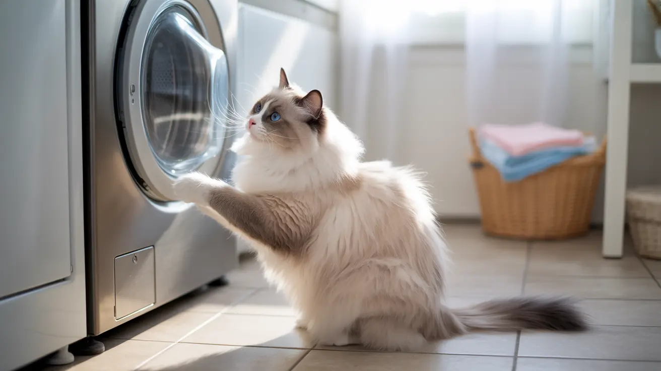 A fluffy white and cream Ragdoll cat sitting upright and touching a washing machine door with its paw