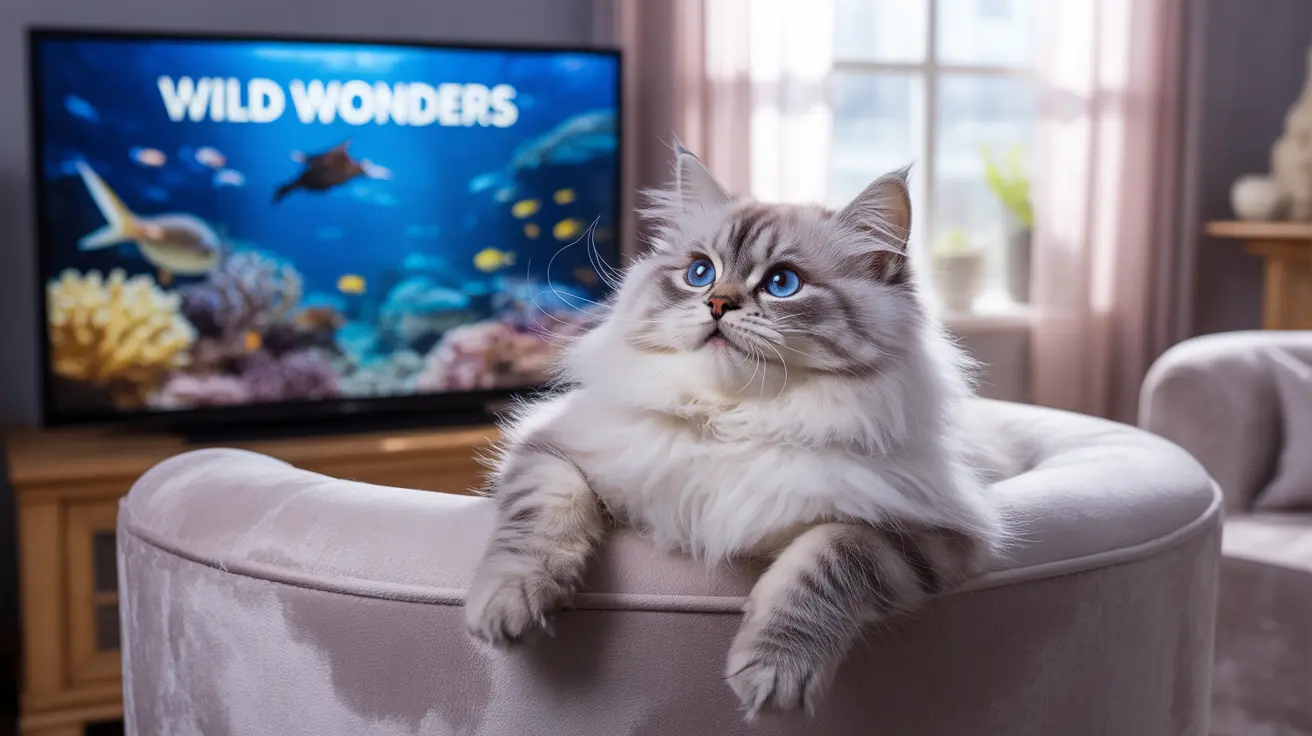 A fluffy white and grey Ragdoll cat watching an underwater documentary on TV