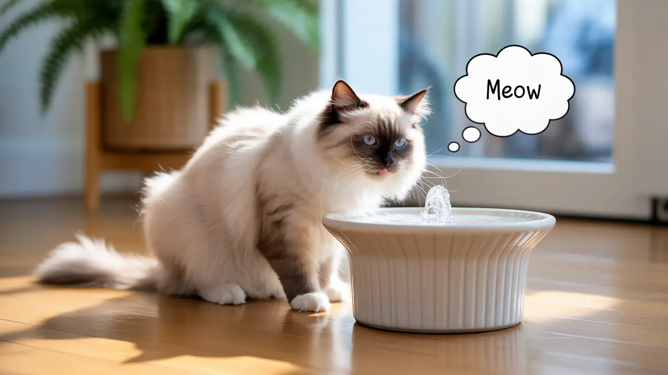 A fluffy white and brown Ragdoll cat sitting next to a modern water fountain with a 'Meow' thought bubble