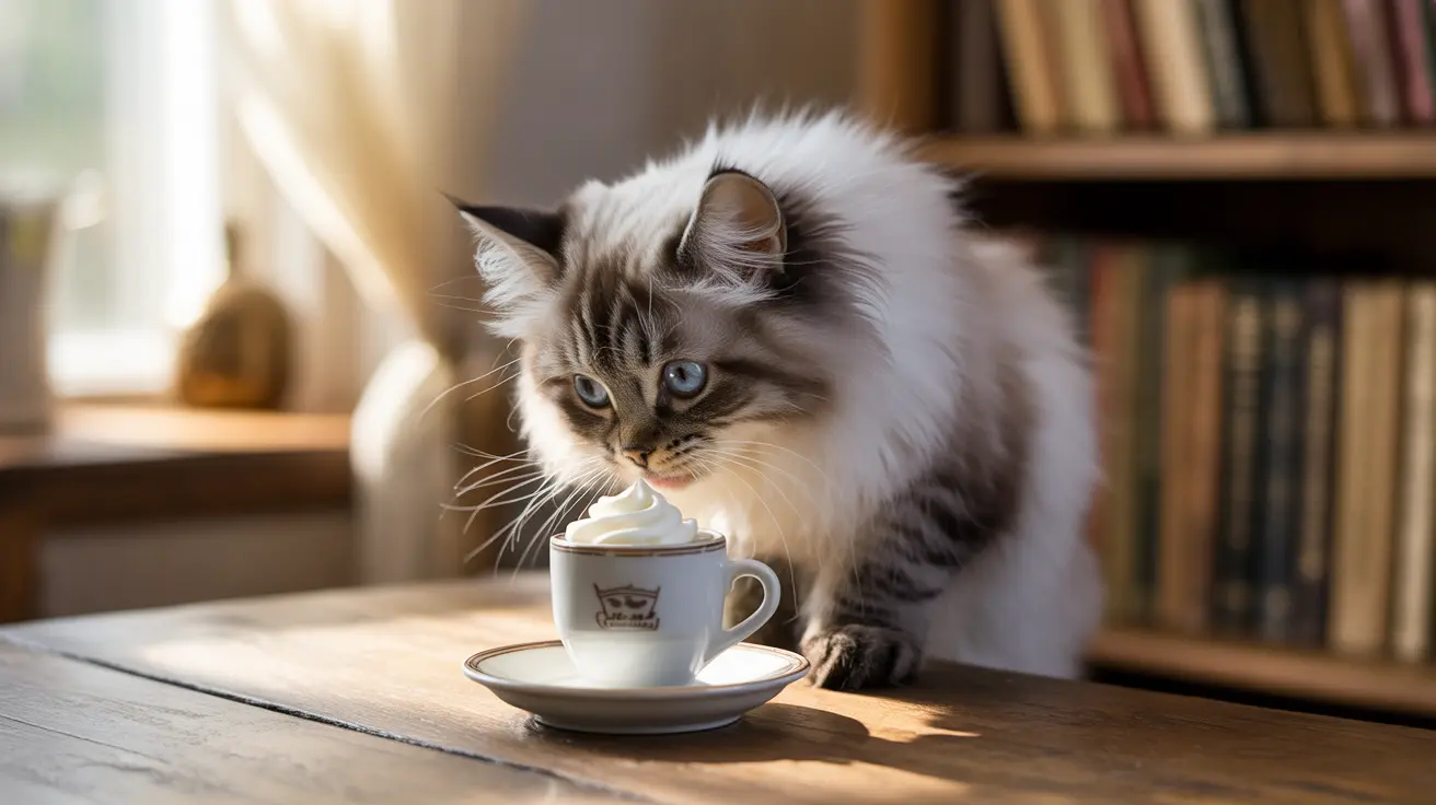 Un gato Ragdoll blanco y gris, esponjoso, observa con curiosidad una taza de crema batida sobre una mesa cerca de una estantería.