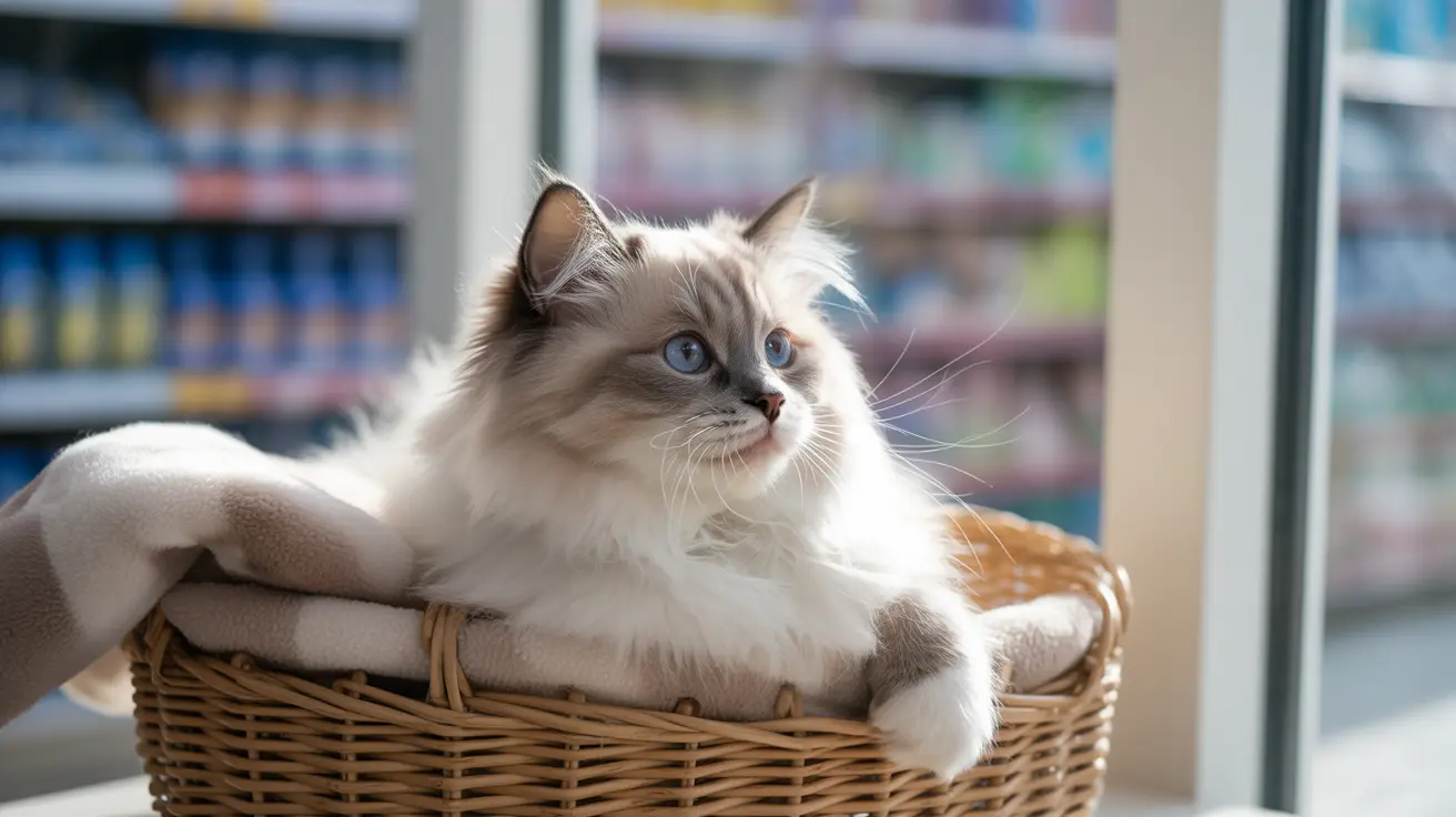 A beautiful Ragdoll cat resting comfortably in a woven wicker basket with a soft blanket