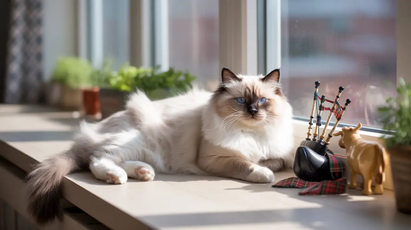 Un gato Ragdoll blanco y crema esponjoso descansando cerca de una ventana con una gaita y una figura de vaca