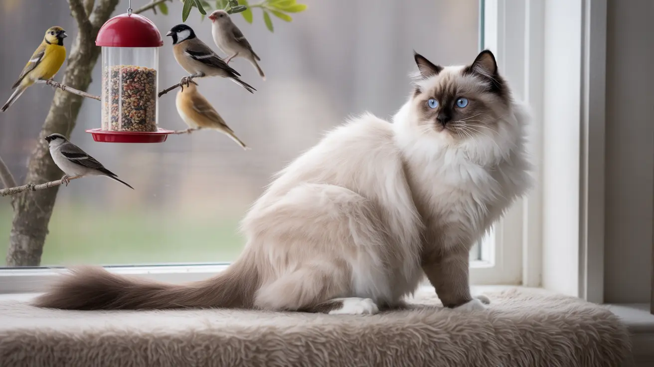 ふわふわした白とクリーム色のラグドール猫が窓際に座り、いくつかの鳥がバードフィーダーにとまっているのを眺めている様子