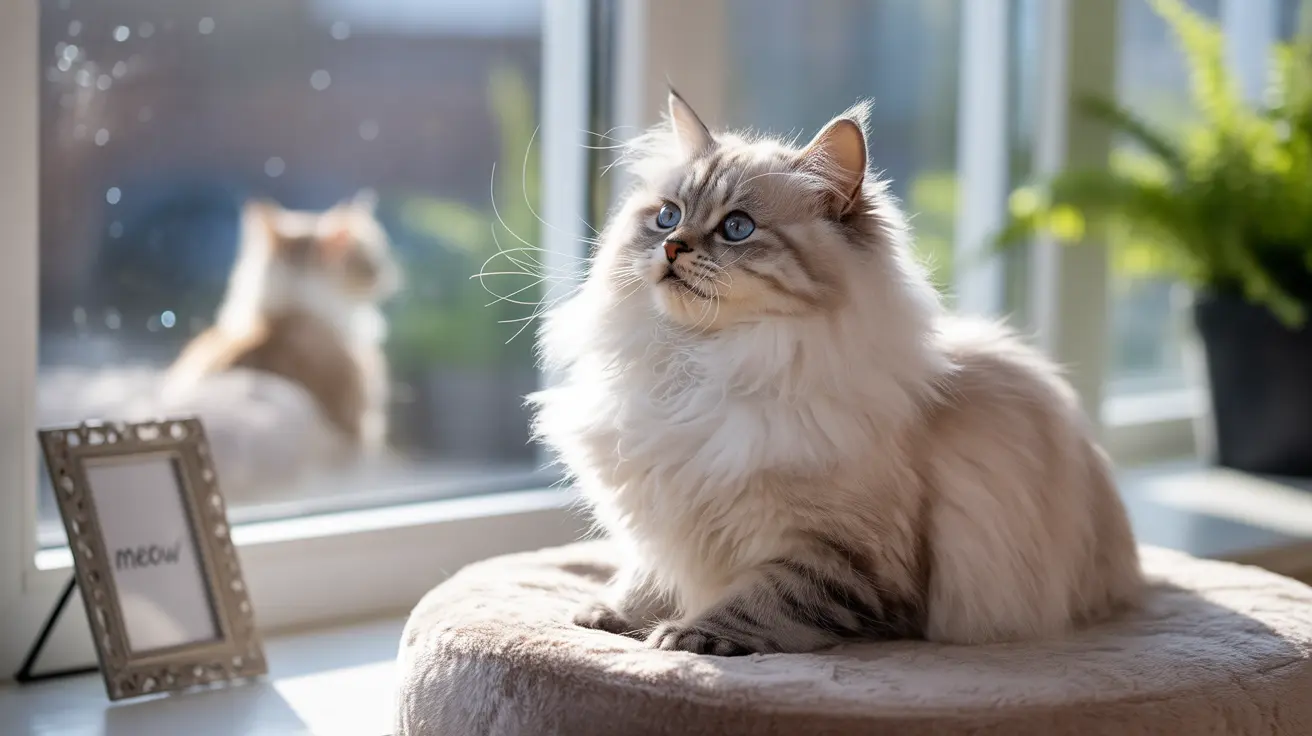 A fluffy white and cream Ragdoll cat sitting elegantly on a soft cushion near a window with another cat blurred in the background