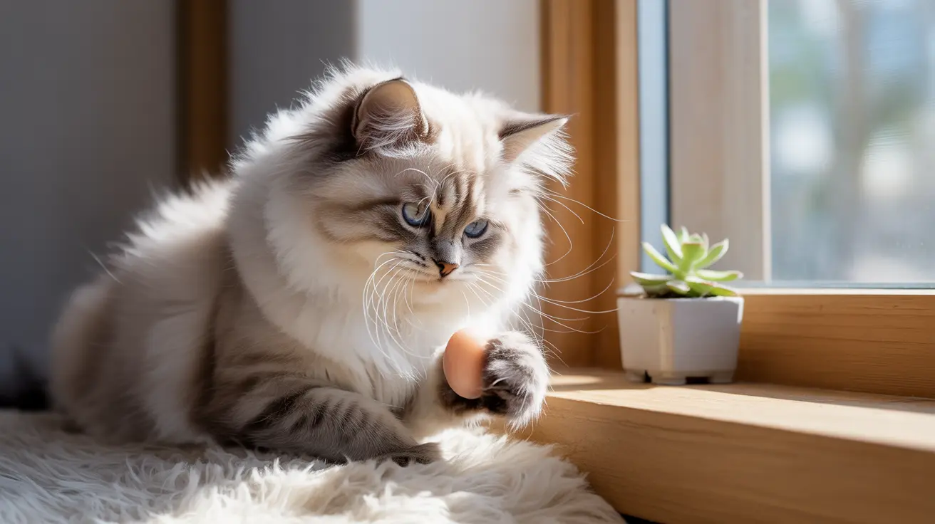 A fluffy Ragdoll cat resting serenely by a window, holding an egg in its paw