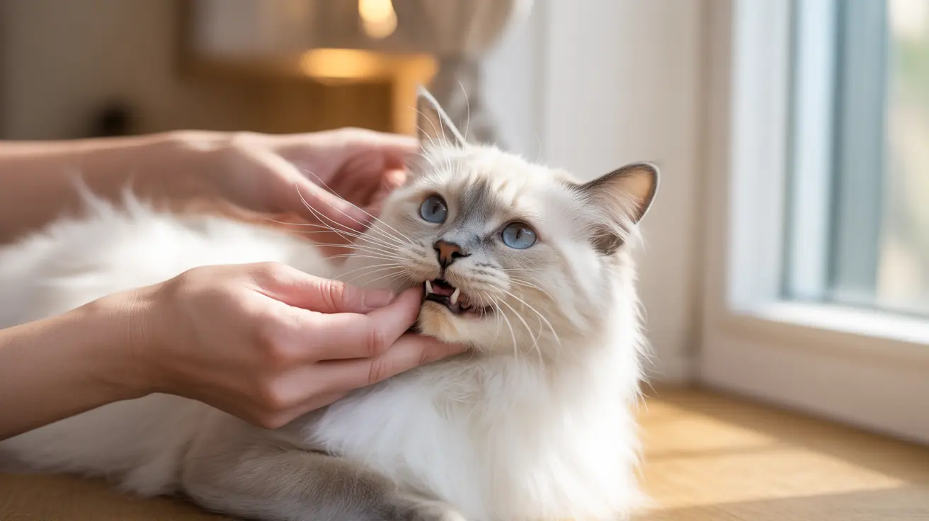 A white Ragdoll cat being gently petted near a window, showing a playful expression