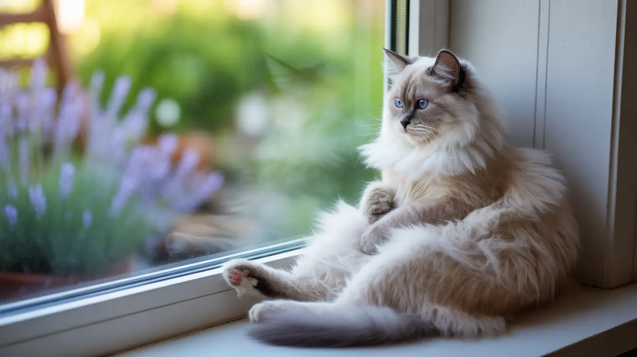 窓辺に優雅に座り、鮮やかな青い目で外を見つめるふわふわのラグドールキャット