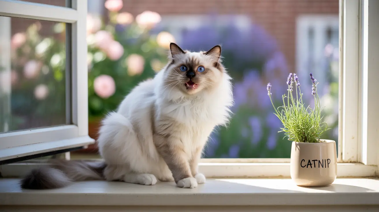 A fluffy white Ragdoll cat sitting on a windowsill with a catnip plant, looking playful and excited