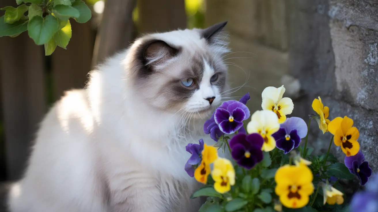 A beautiful Ragdoll cat sitting next to a vibrant cluster of purple and yellow pansies.