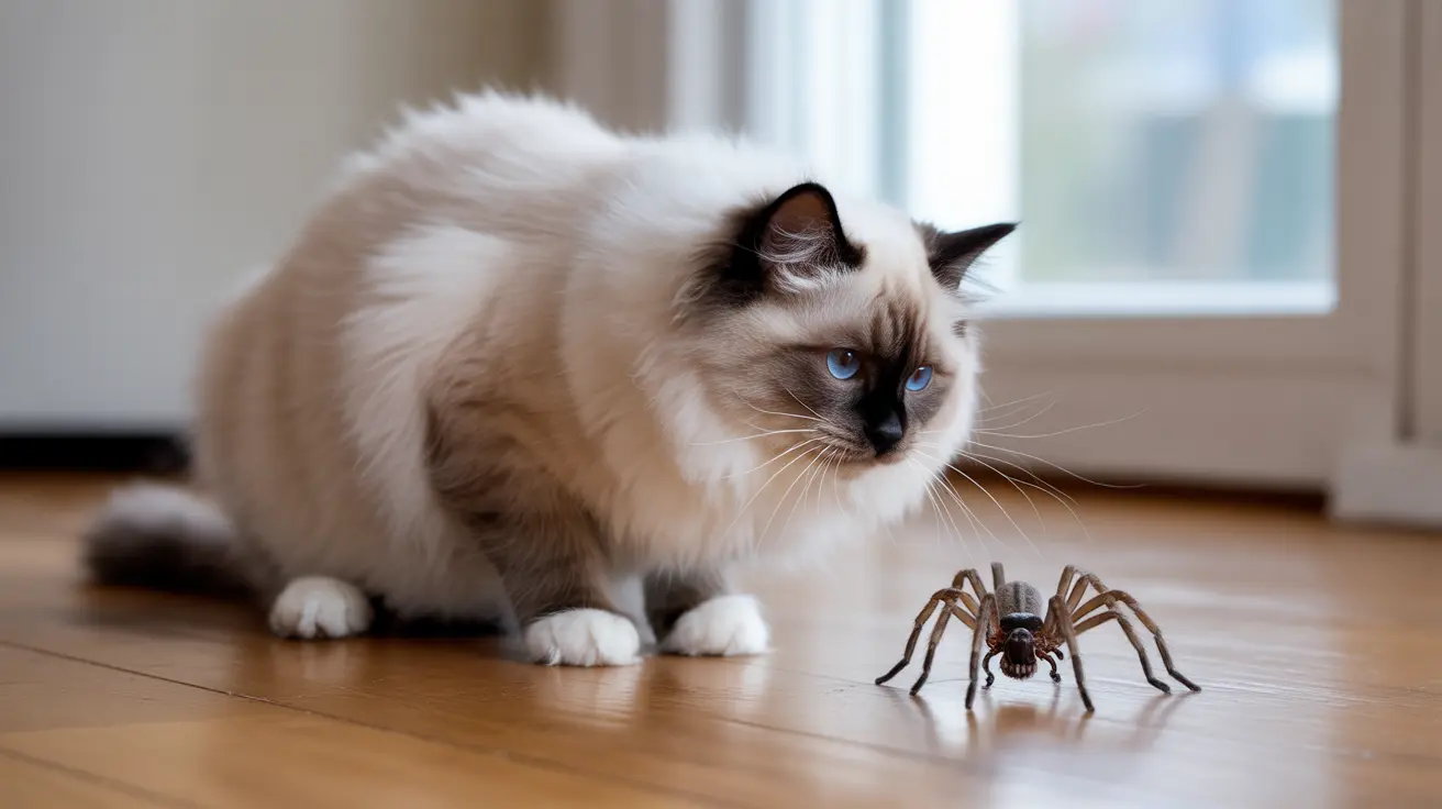 A fluffy white and brown Ragdoll cat sitting on a wooden floor, staring intently at a large spider nearby