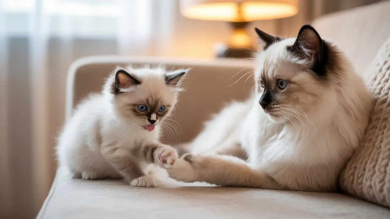 Two Ragdoll cats sitting together on a light-colored couch with a warm background