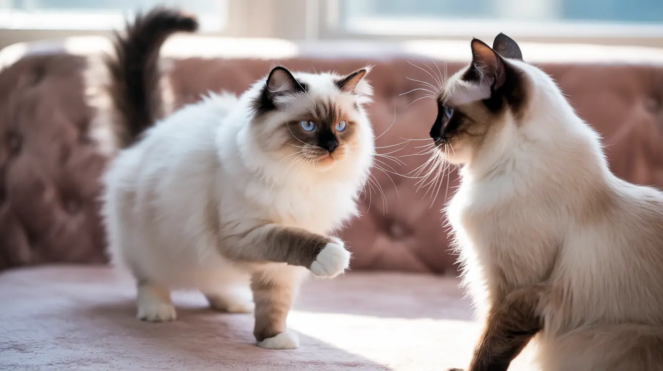 Two Ragdoll cats interacting on a pink couch near a window