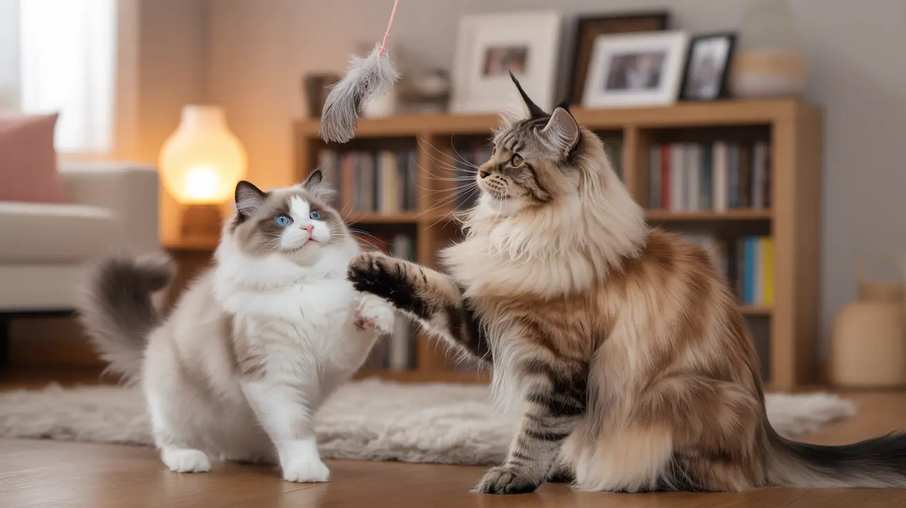 Two cats playing with a feather toy in a cozy living room setting