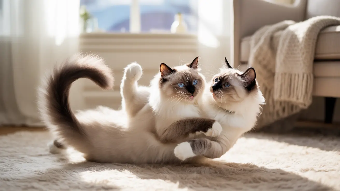 Dos gatos Ragdoll sentados juntos en una suave alfombra cerca de una ventana iluminada por el sol