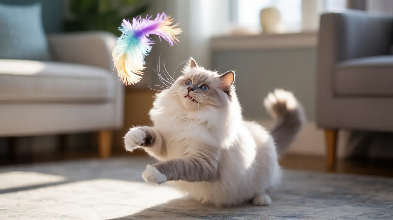 Fluffy Ragdoll kitten with blue eyes reaching for a colorful feather toy in a bright living room