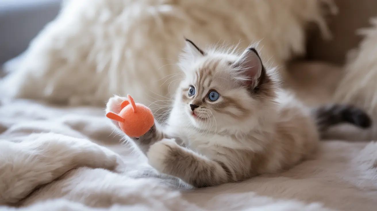 Fluffy Ragdoll kitten with blue eyes playing with an orange toy on a soft white blanket